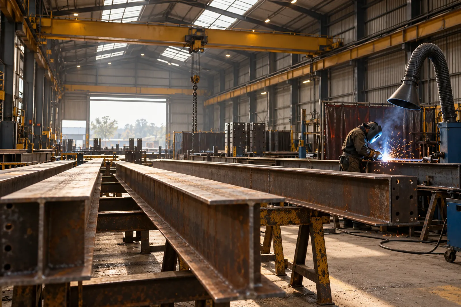 Steel beams on trestles inside an industrial fabrication workshop